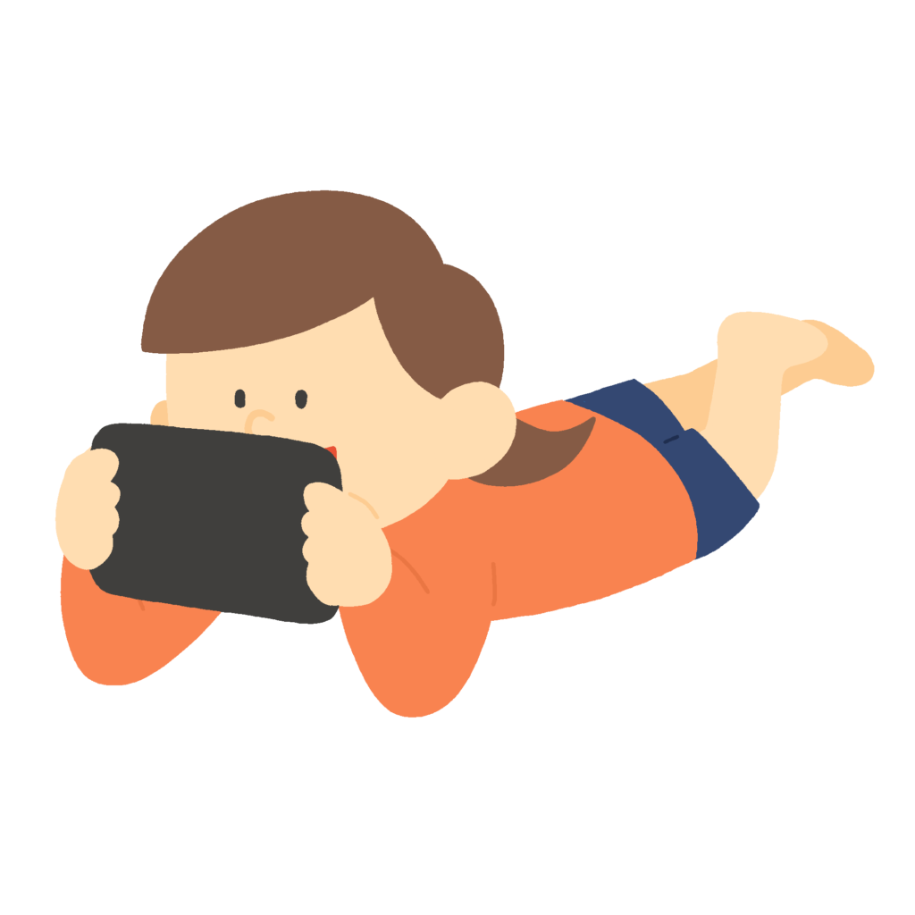 ゲームをする女の子（寝転がる）の無料イラスト素材