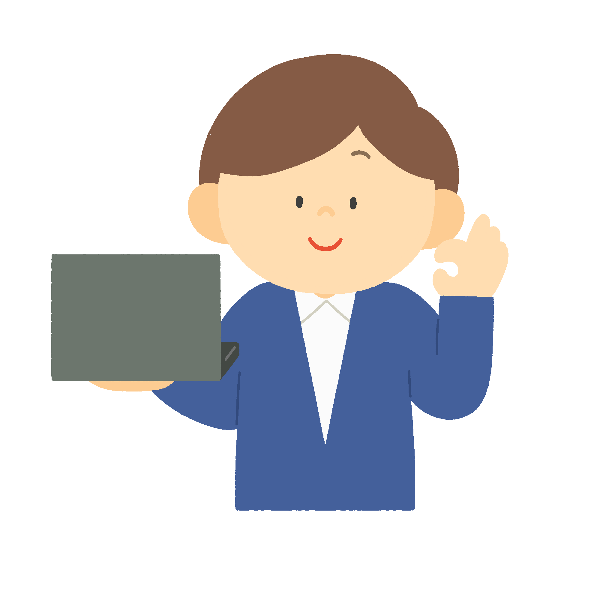 ノートパソコンを持ってOKサインをする男性の無料イラスト素材