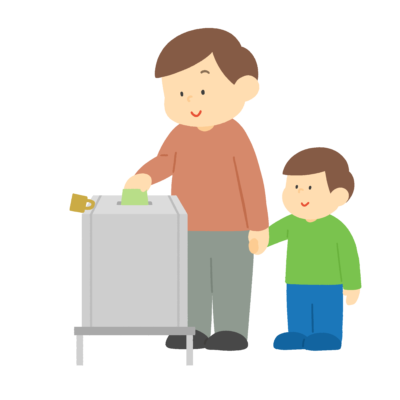子どもを連れて投票している男性のフリーイラスト素材