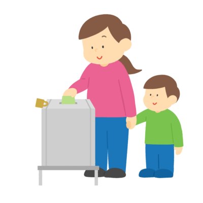子どもと一緒に投票している女性のフリーイラスト素材