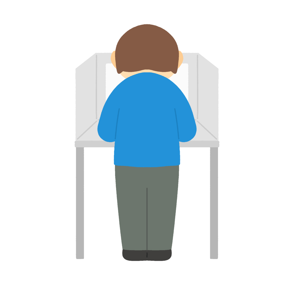 選挙の投票所の記入台で書く人のフリーイラスト素材（後ろ姿）