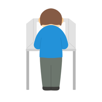 選挙の投票所の記入台で書く人のフリーイラスト素材(後ろ姿)