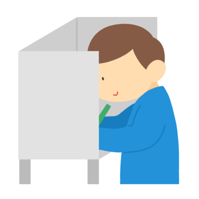 選挙の投票所の記入台で書く人のフリーイラスト素材(横顔)