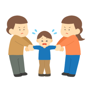 子どもの手を引っ張りあう夫婦のフリーイラスト素材