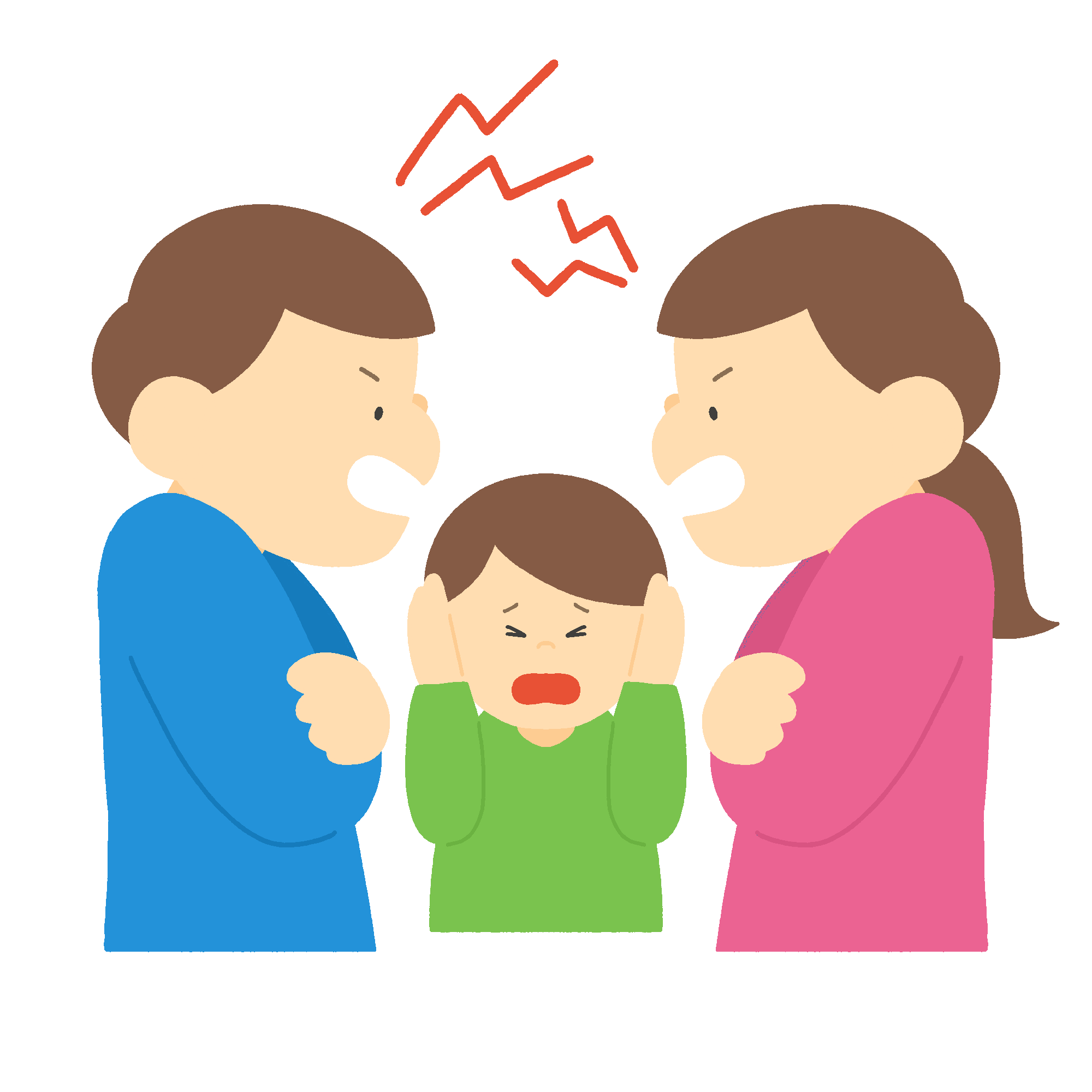 夫婦喧嘩（子どもが間で耳をふさいでいる）のフリーイラスト素材