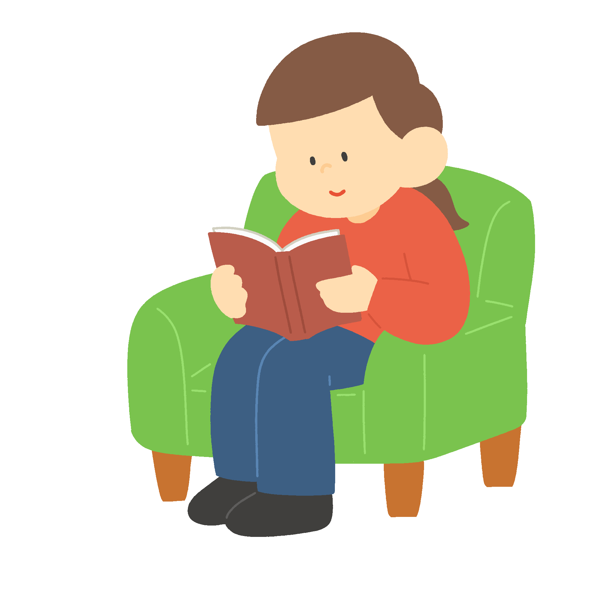 ソファーに座って本を読む女性のフリーイラスト素材