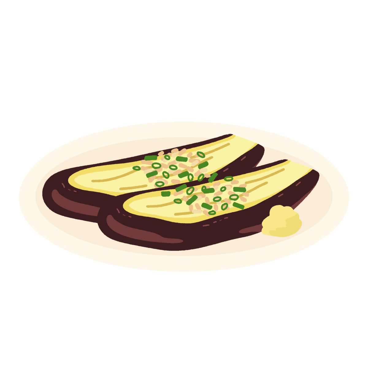 お皿に盛られた焼きナスのフリーイラスト素材