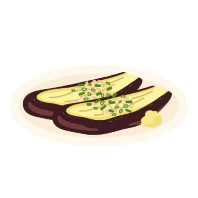 お皿に盛られた焼きナスのフリーイラスト素材