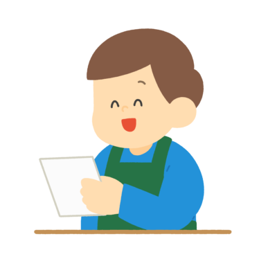 窓口で受け付ける男性の無料イラスト（エプロン姿）｜行政受付案内用素材