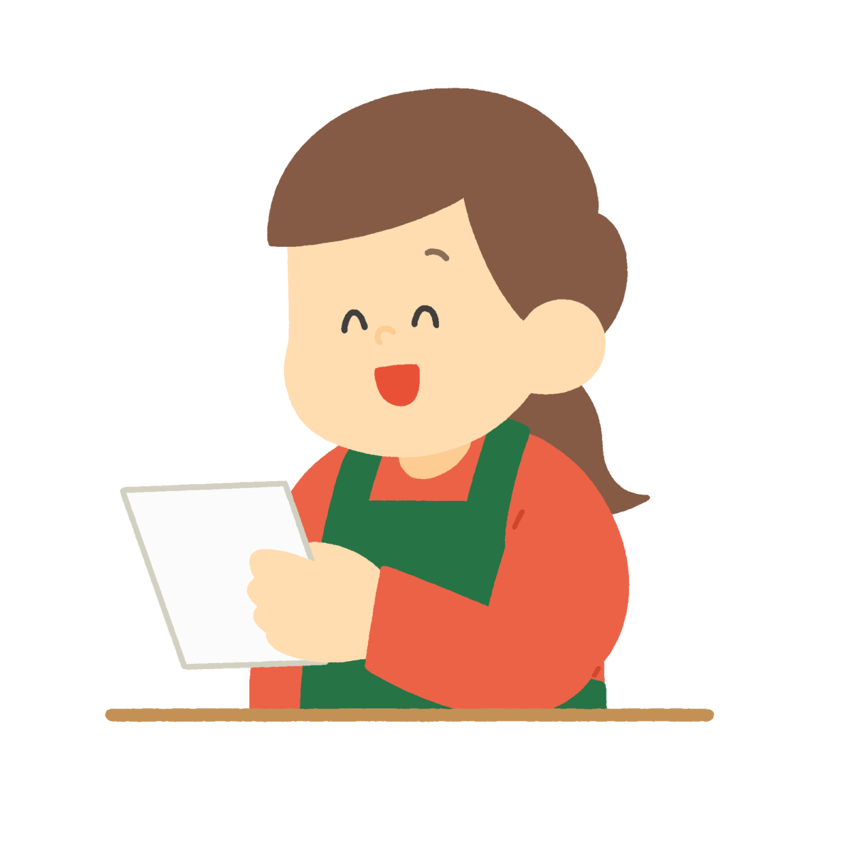 窓口で受け付ける女性の無料イラスト（エプロン姿）｜保育・行政・受付案内用素材