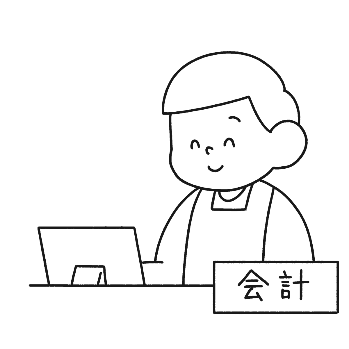 会計窓口の男性の無料イラスト（白黒・エプロン姿）｜モノクロ対応の会計・受付素材
