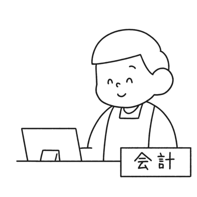 会計窓口の男性の無料イラスト（白黒・エプロン姿）｜モノクロ対応の会計・受付素材