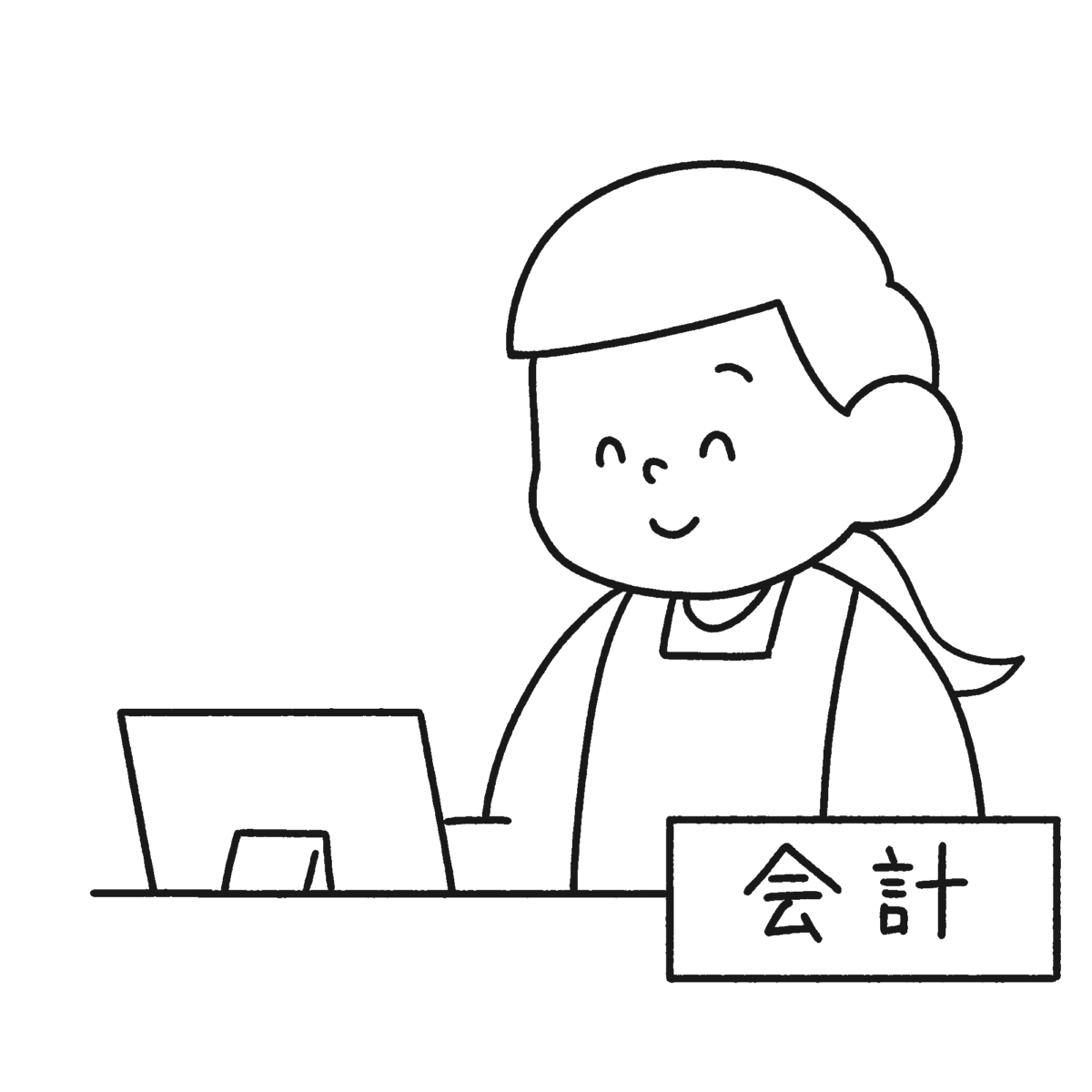 会計窓口の女性の無料イラスト（白黒・エプロン姿）｜モノクロ対応の会計受付素材