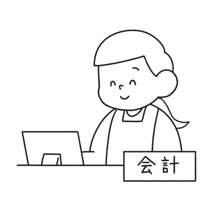 会計窓口の女性の無料イラスト（白黒・エプロン姿）｜モノクロ対応の会計受付素材