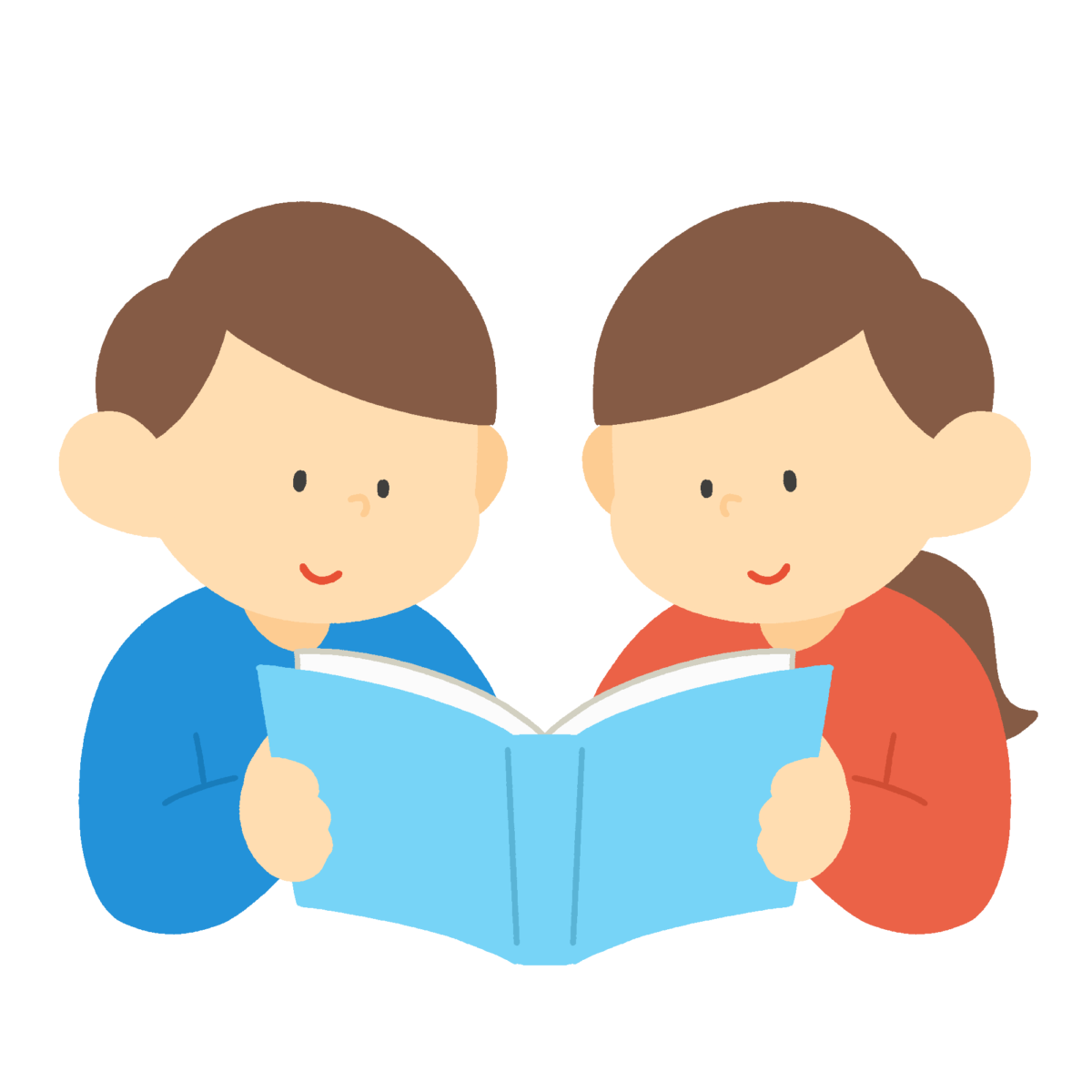 二人で本を読む小学生の無料イラスト｜読書活動・図書だより向け素材