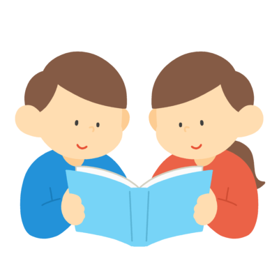 二人で本を読む小学生の無料イラスト｜読書活動・図書だより向け素材