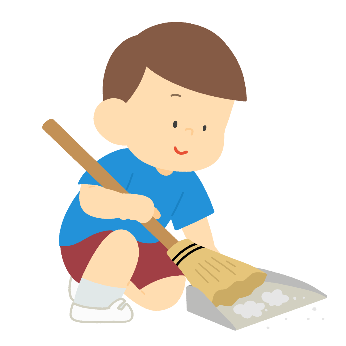 ホウキとちりとりで掃除する男の子の無料イラスト｜清掃・美化活動の学校素材
