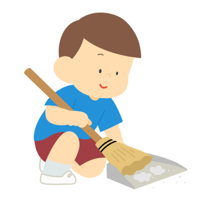 ホウキとちりとりで掃除する男の子の無料イラスト｜清掃・美化活動の学校素材