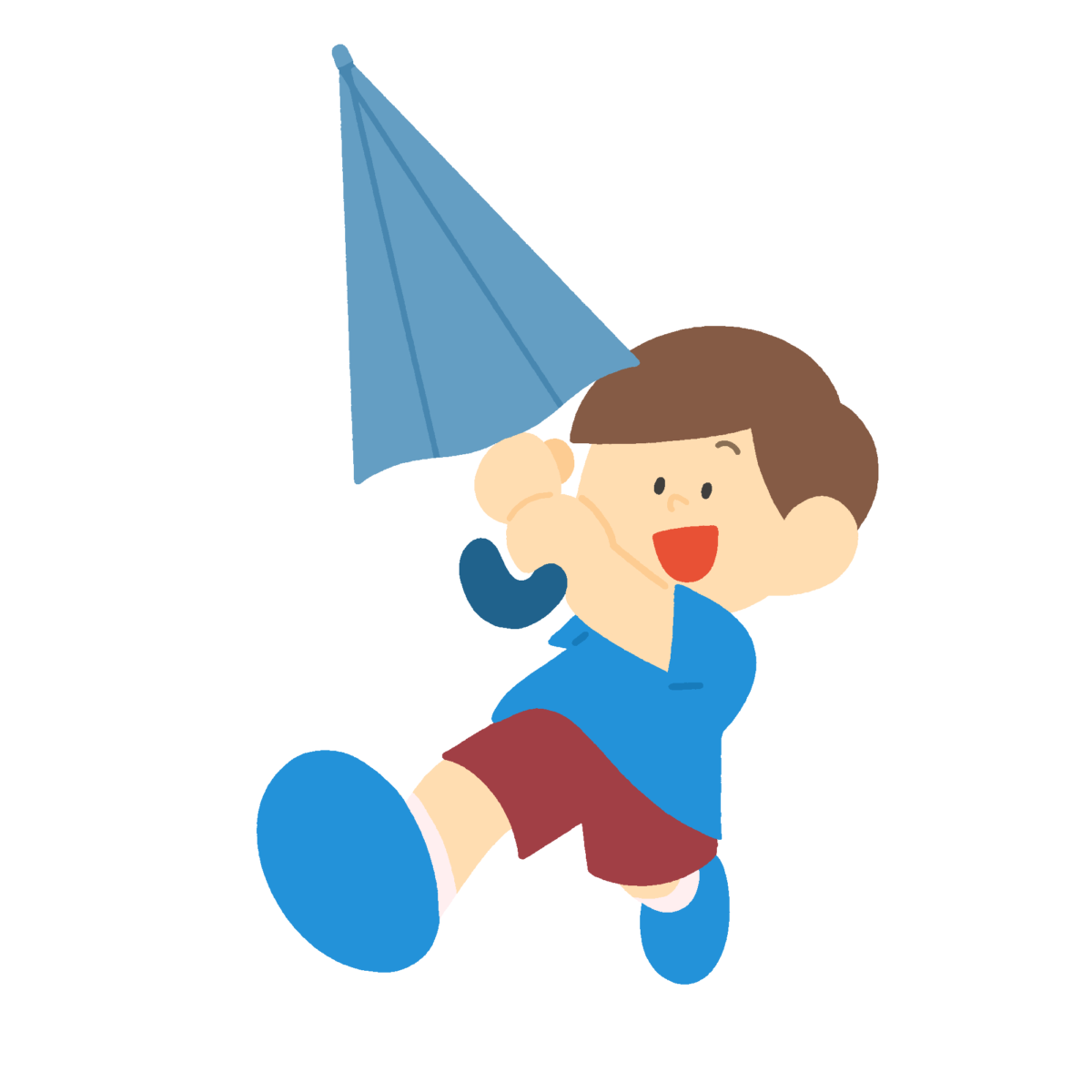 傘で遊ぶ男の子の無料イラスト｜梅雨・雨の日の学校プリント向けカラー素材