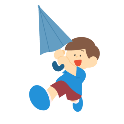 傘で遊ぶ男の子の無料イラスト｜梅雨・雨の日の学校プリント向けカラー素材