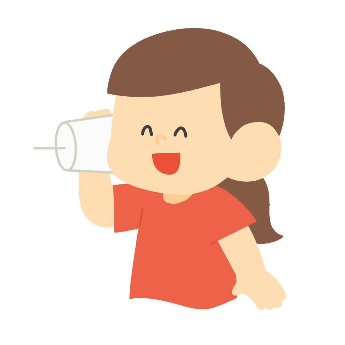 糸電話で聞く女の子の無料イラスト｜コミュニケーション・生活科教材カラー素材