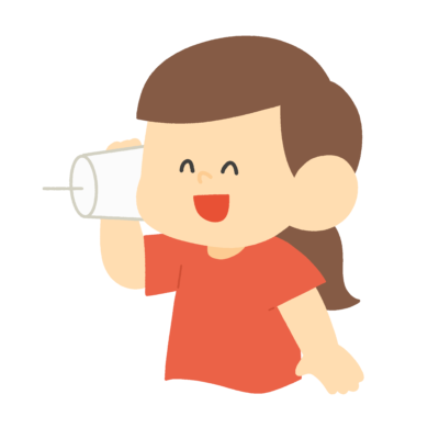糸電話で聞く女の子の無料イラスト｜コミュニケーション・生活科教材カラー素材