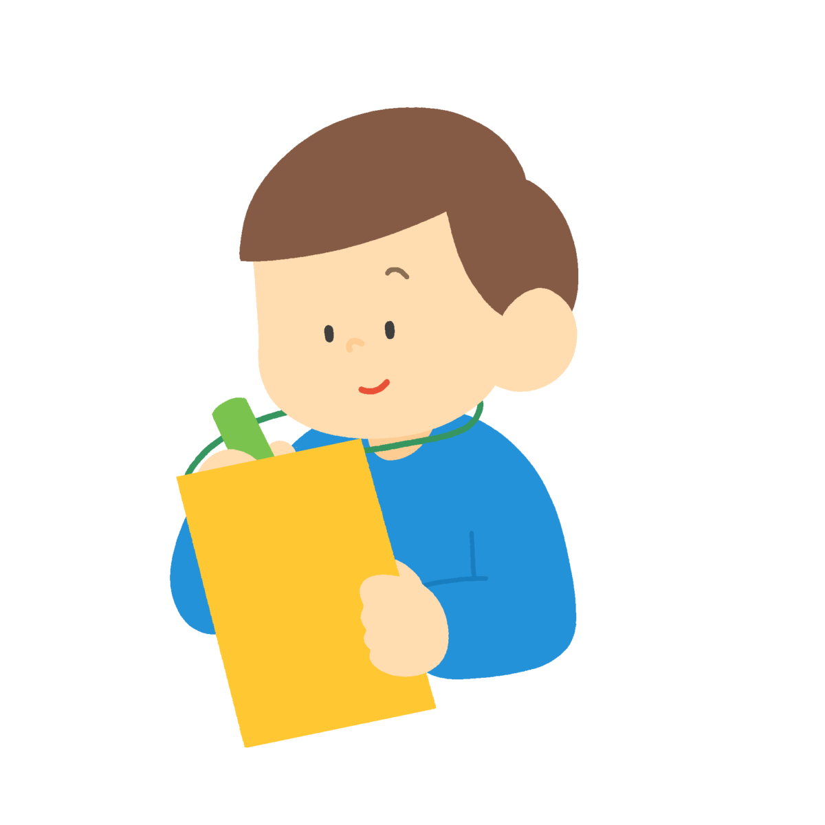 社会科見学で探検バッグに書く男の子の無料イラスト｜遠足・校外学習プリント用素材
