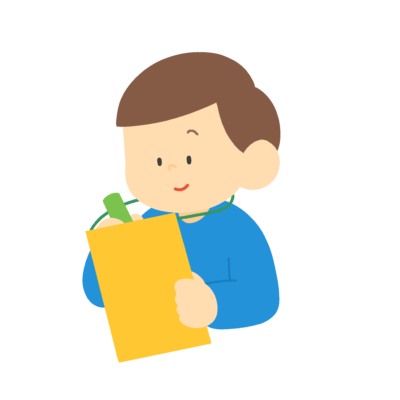 社会科見学で探検バッグに書く男の子の無料イラスト｜遠足・校外学習プリント用素材