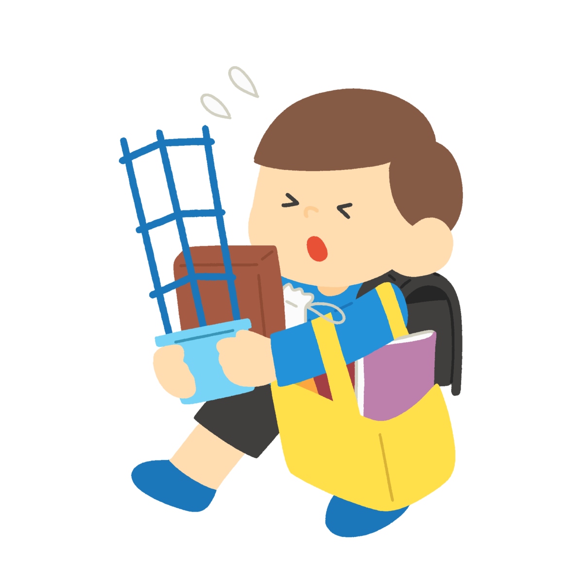 終業式にたくさんの荷物を持つ男の子の無料イラスト｜学期末通信・プリント用素材