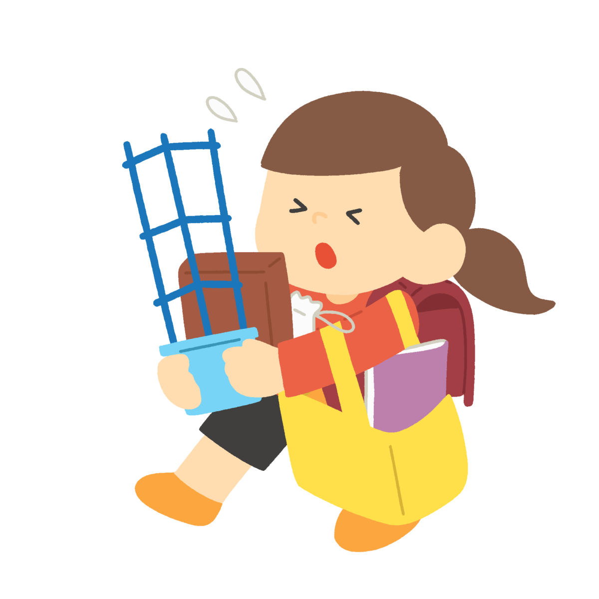 終業式にたくさんの荷物を持ち帰る女の子の無料イラスト｜学校通信・季節プリント用素材