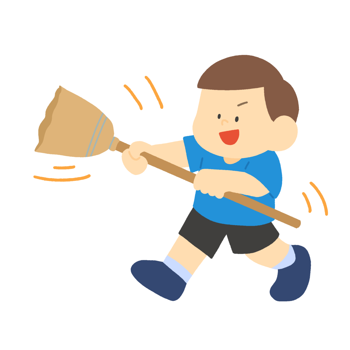 ホウキを振り回して遊ぶ子どもの無料イラスト｜生活指導・学校プリント用素材