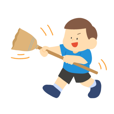 ホウキを振り回して遊ぶ子どもの無料イラスト｜生活指導・学校プリント用素材