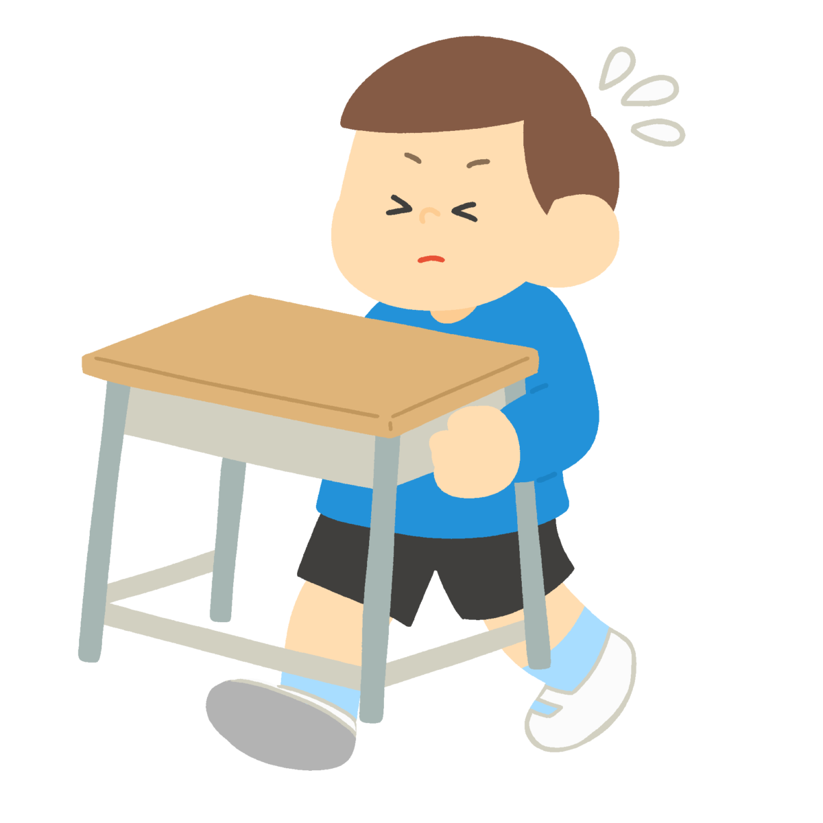 教室の机を運ぶ男の子の無料イラスト｜学校行事・学級通信用素材