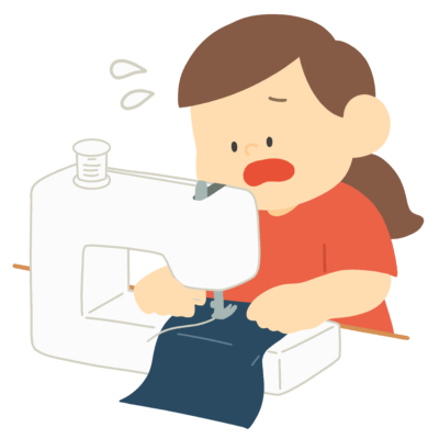 苦手なミシンにあたふたする女の子の無料イラスト｜家庭科プリント・学級通信向け素材