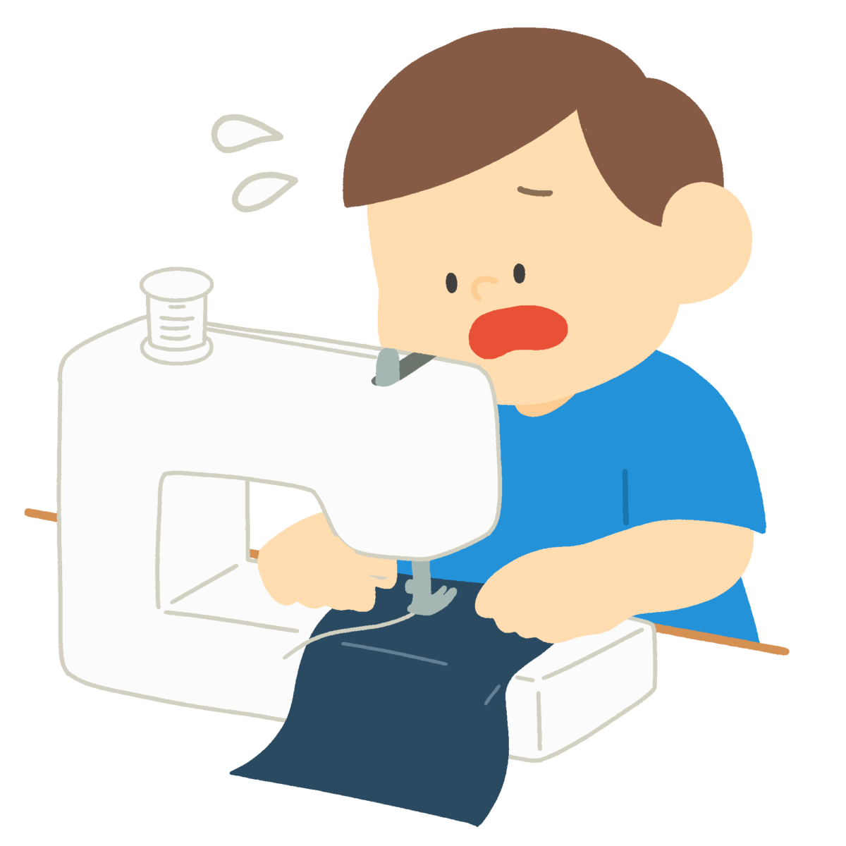 苦手なミシンにあたふたする男の子の無料イラスト｜家庭科プリント向け素材