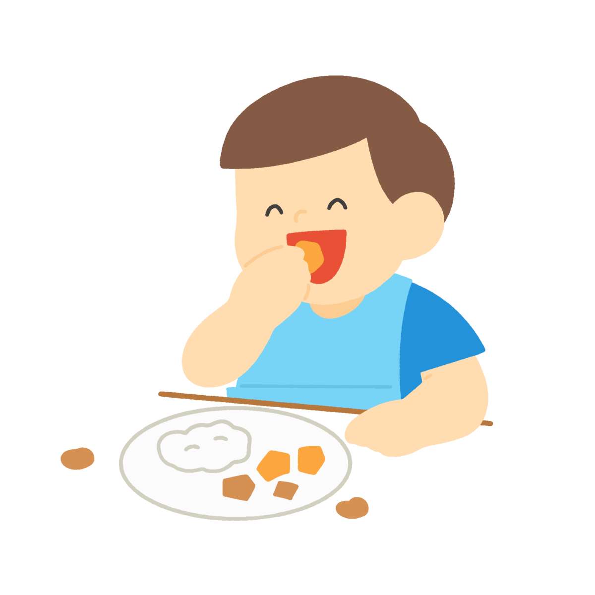 手づかみ食べをする男の子の無料イラスト｜乳幼児食育・保育だより向け素材