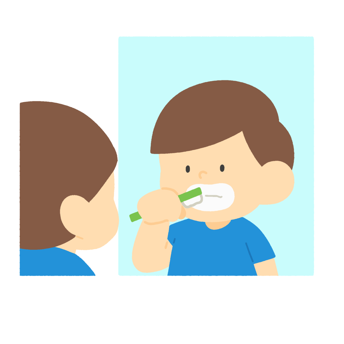 鏡を見て歯を磨く子どもの無料イラスト｜歯みがき習慣・保健だより向け素材
