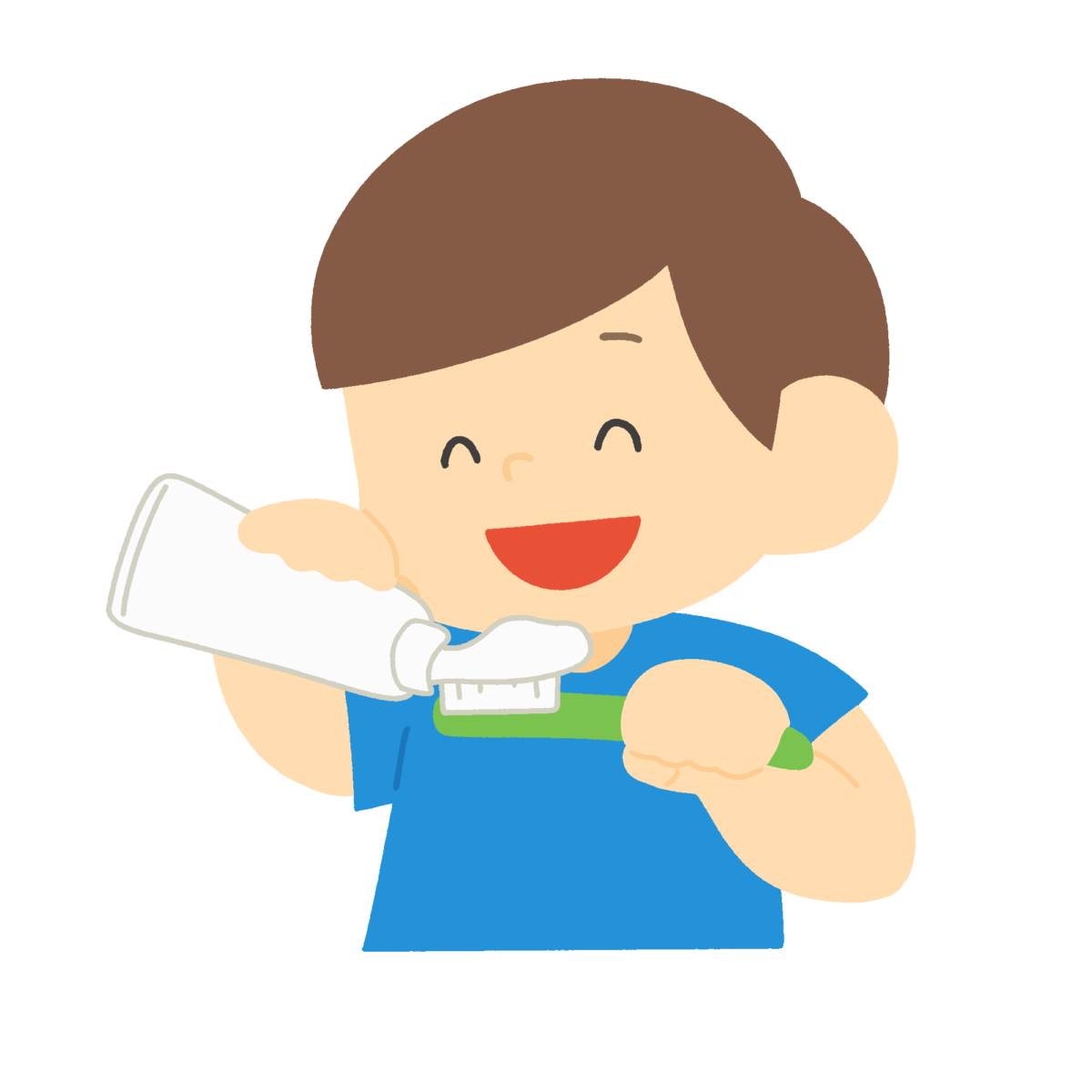 歯ブラシに歯磨き粉をつける男の子の無料イラスト｜歯みがき指導・保健向け素材
