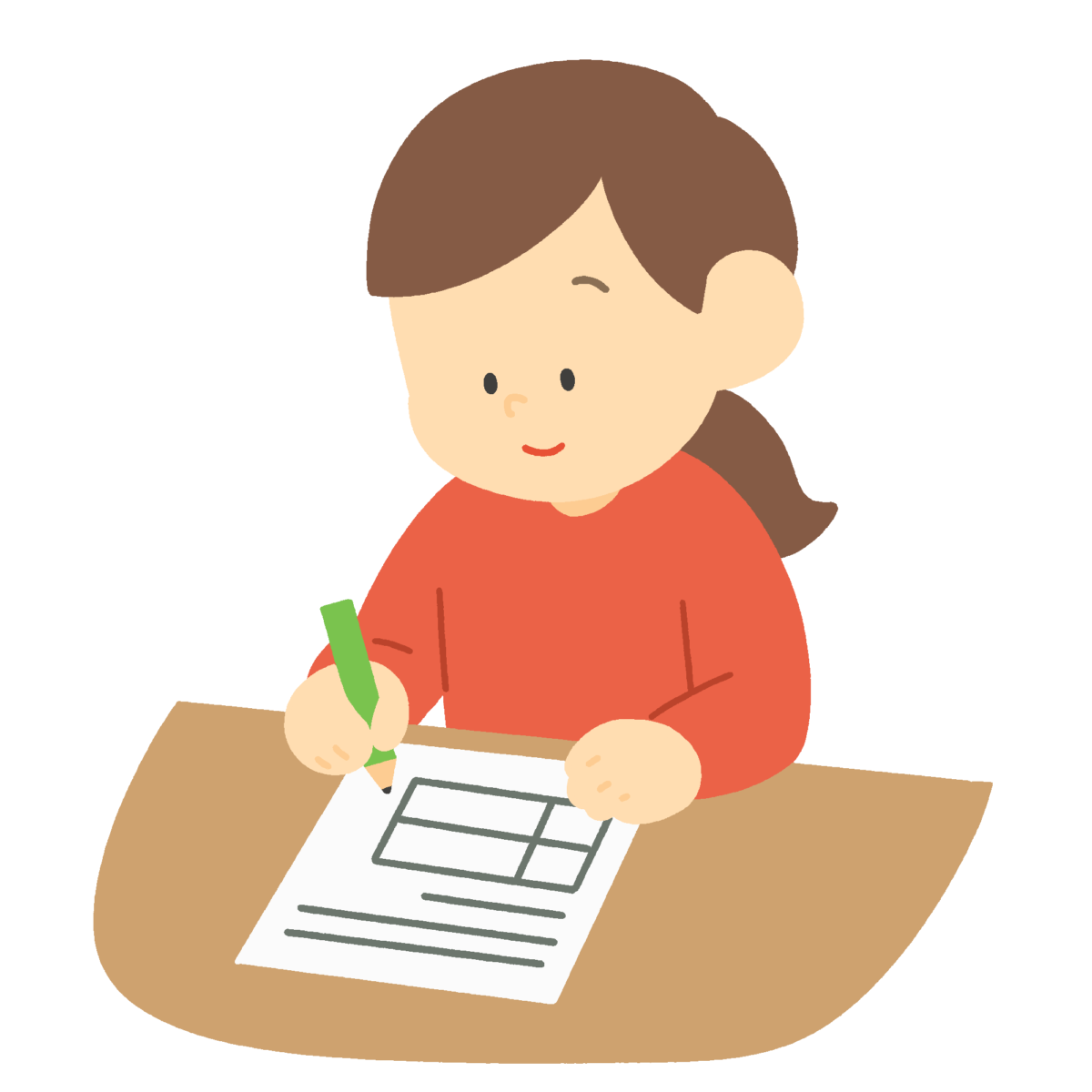 問診表を書く女性の無料イラスト｜申請書記入シーン素材
