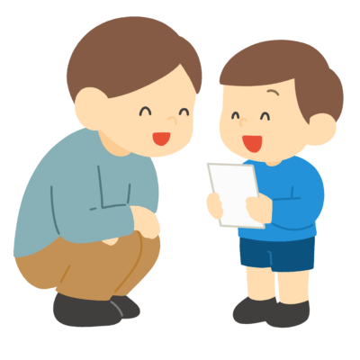 健診結果を父親に見せる子どもの無料イラスト｜学級通信・保健だより素材