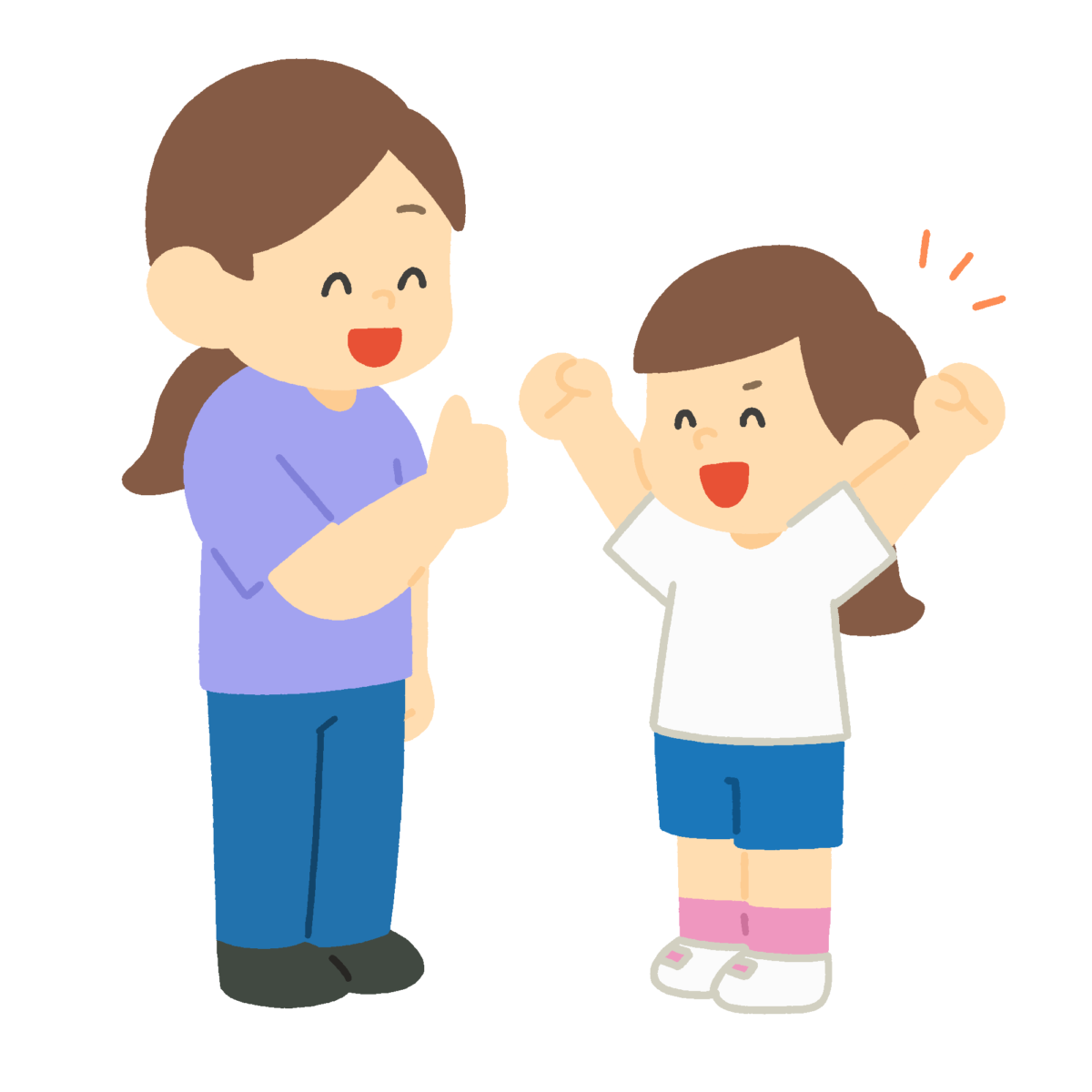 褒める女性とばんざいする子どもの無料イラスト｜親子・保育シーン素材