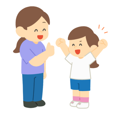褒める女性とばんざいする子どもの無料イラスト｜親子・保育シーン素材