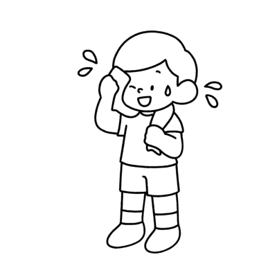 汗を拭く男の子の無料イラスト|白黒熱中症対策素材
