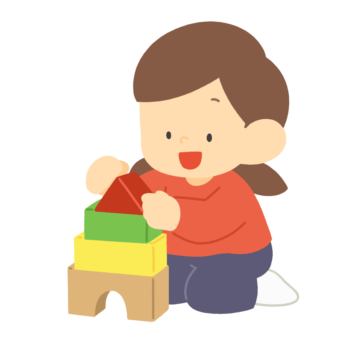積み木で遊ぶ女の子の無料イラスト｜保育向け素材