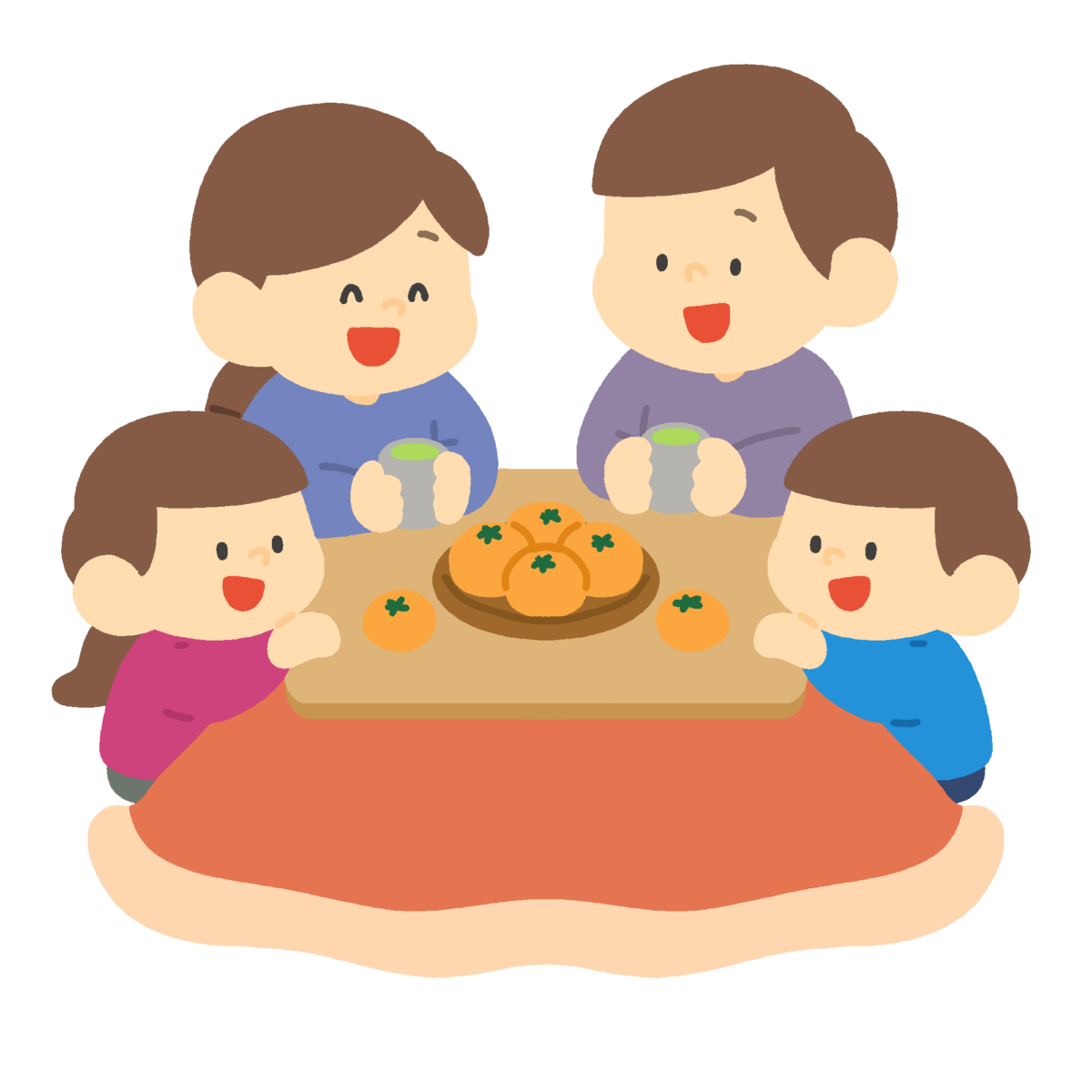 こたつでみかんを食べる家族の無料イラスト｜冬向け素材