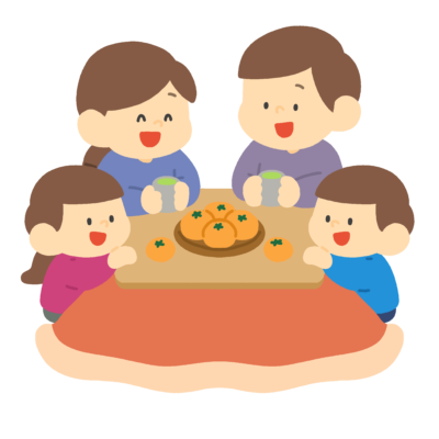 こたつでみかんを食べる家族の無料イラスト|冬向け素材