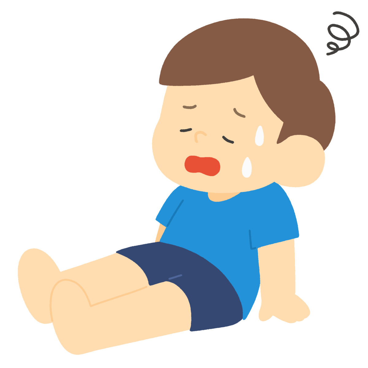 汗をかいて座り込む男の子の無料イラスト｜保健向け素材