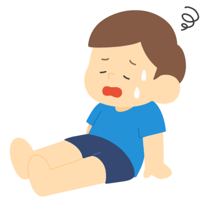 汗をかいて座り込む男の子の無料イラスト｜保健向け素材