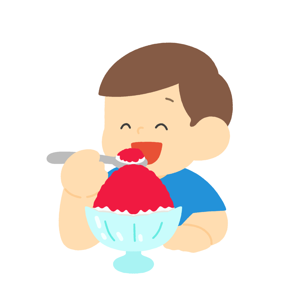 いちごかき氷を食べる子どもの無料イラスト｜夏素材