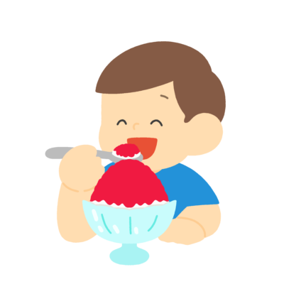 いちごかき氷を食べる子どもの無料イラスト｜夏素材